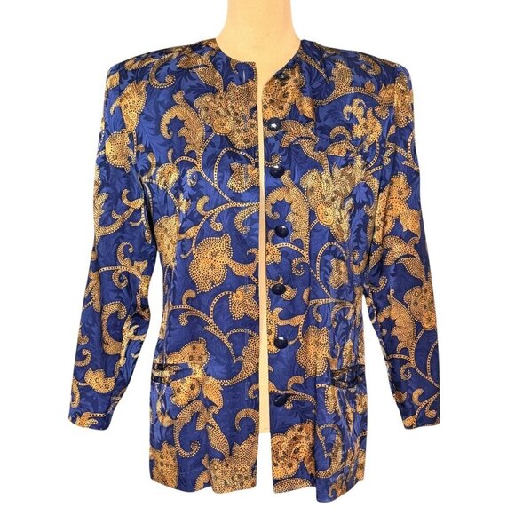 VTG 90s 80s SAKS Silks By St.Gillian 100% Silk Printed Jacket Sz.6 Blue Asian - Picture 1 of 11
